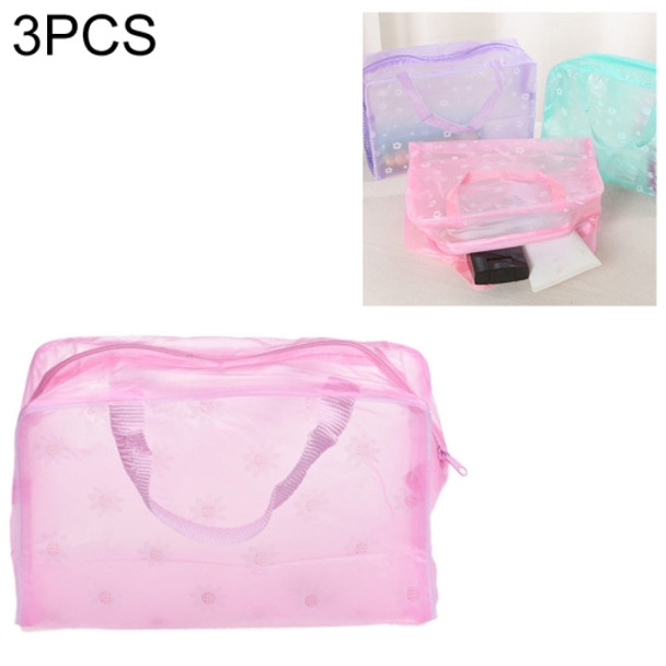 3 PCS Make Up Organizer Bag Toiletry Bathing Storage Bag Women Waterproof Transparent Floral PVC Travel Cosmetic Bag(Pink)