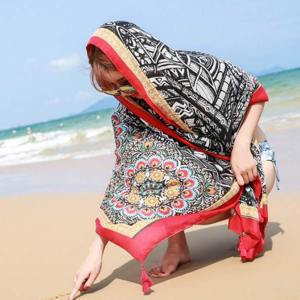 Summer Cotton and Linen Ethnic Travel Silk Scarf Sunscreen Big Shawl Ladies Beach Towel, Size:180 x 100cm(Red Feathers)