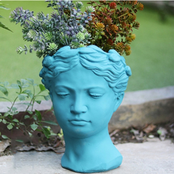 3 PCS  Retro Cement Head Flower Pot Greek Goddess Statue Vase Crafts Decoration(Sky Blue)