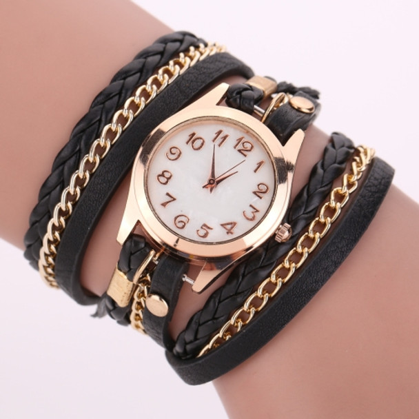 2 PCS Braided Band Watch PU Leather Winding Ring Bracelet Watch Quartz Watch(Black)
