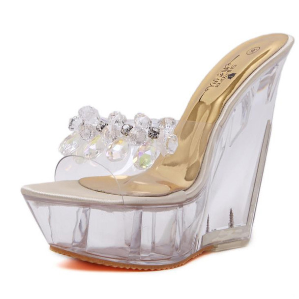 Women Diamond 14cm  High-heeled Slippers Crystal Waterproof Non Slip Bottom Thick Sandals, Shoe Size:38(Apricot)