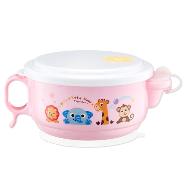 450ml Stainless Steel Interior And Plastic Exterior Double Layer Cartoon Style Bowl With Cover And Handles For Child At Age 2 To 9(Pink)