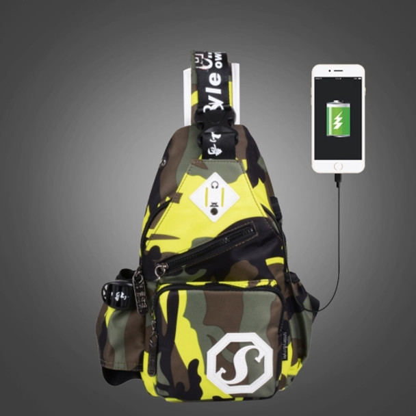 Multi-Function Portable Casual Canvas Camouflage Yellow Chest Bag Outdoor Sports Shoulder Bag with External USB Charging Interface & Water Cup Bag & Earphone Jack for Men / Women / Student, Size: 33*18*9cm