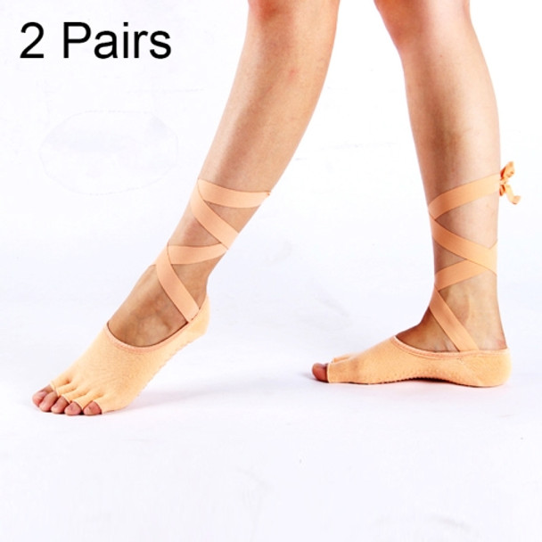 2 Pairs Ladies Lace-up Ballet Dancing and Yoga Anti-slip Toe Socks(Light Orange)