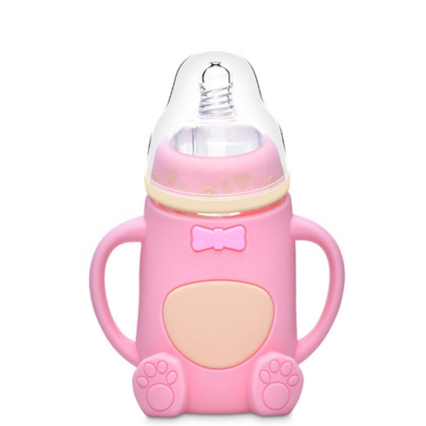 Baby Silicone Glass Bottles Drop-proof and Flatulence-proof Glass Baby Bottle(Style 2 Pink)