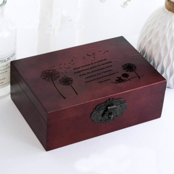 Exquisite Small Wooden Box Antique Lockable Jewelry Sundries Storage Box, Size:L(Wine Red - Dandelion)