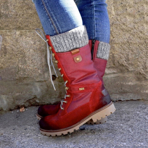 Winter Boots Women Boots Round Toe Platform Warm Females Boots Shoes, Size:35(Red)