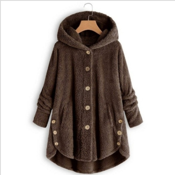 Button Plush Irregular Solid Color Coat (Color:Coffee Size:XXL)