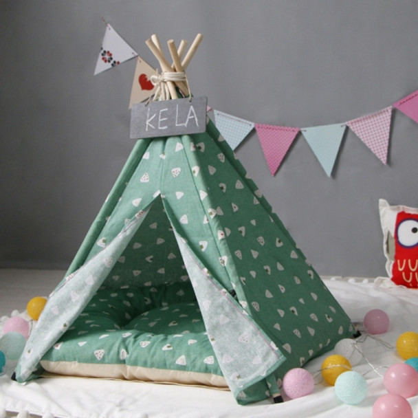 Cotton Canvas Pet Tent Cat and Dog Bed with Cushion, Specification: Medium 50×50×60cm(Green Triangle)