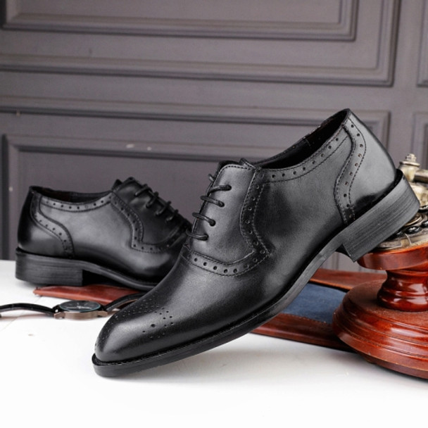 Male Autumn Top-grain Leather Pointed Business Dress Shoes, Size:42( Black)
