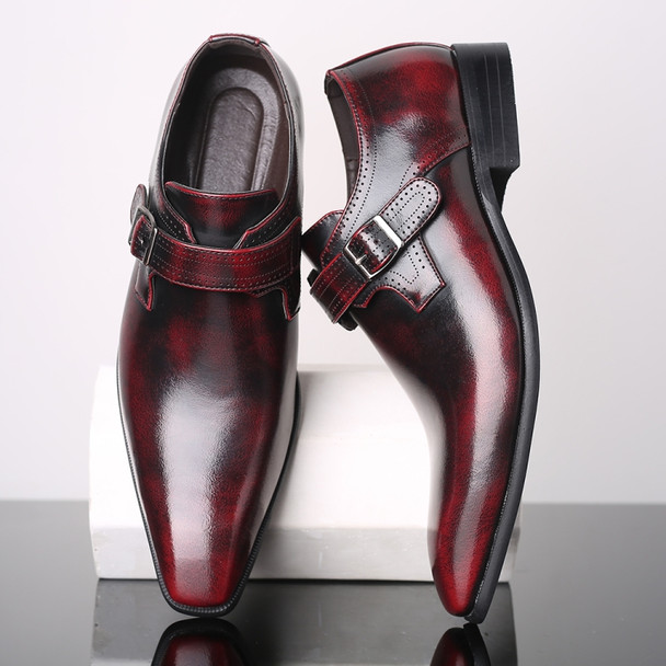 Pointed British Style Men Leather Shoes Buckle Low Heel Shoes, Size:43(Wine Red)