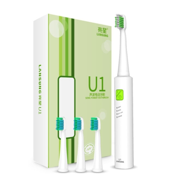 Lansung Rechargeable Sonic Electric Toothbrush Ultrasonic Whitening Teeth Vibrator with 4 Brush Heads(White + Green)