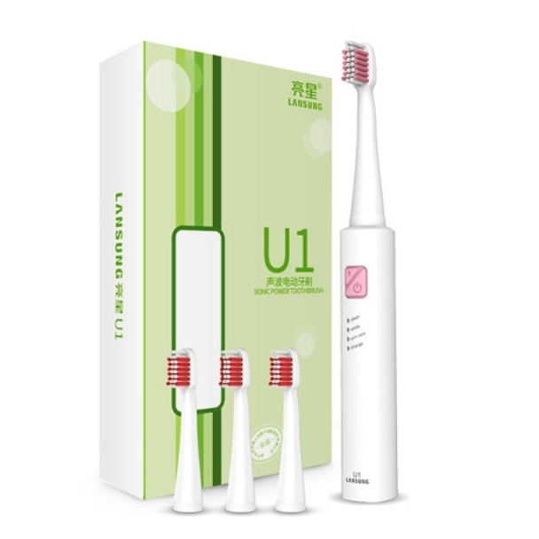 Lansung Rechargeable Sonic Electric Toothbrush Ultrasonic Whitening Teeth Vibrator with 4 Brush Heads(White + Pink)