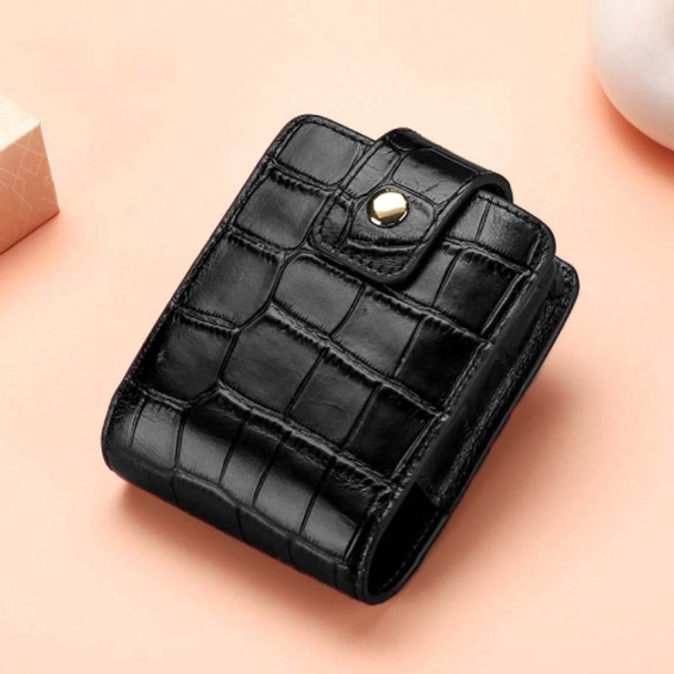 Simple Cowhide Crocodile Pattern Lipstick Bag Storage Portable Makeup Bag With Mirror(Black)