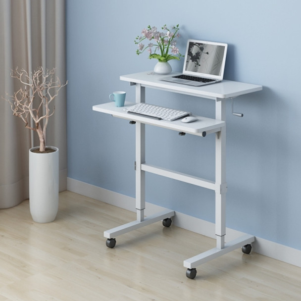 Dual Desktop Hand-Cranked Lifting Stand Office Computer Desk, Style:With Reinforcing Bar(Pure White)