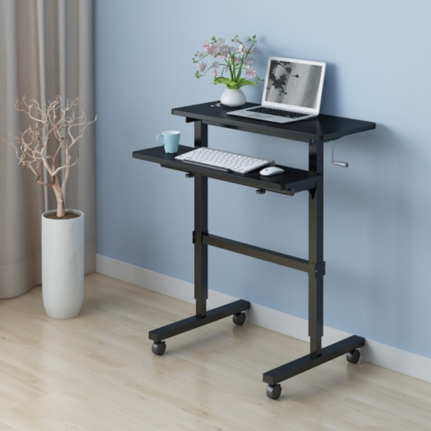 Dual Desktop Hand-Cranked Lifting Stand Office Computer Desk, Style:With Reinforcing Bar(Black Willow Wood)