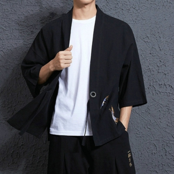 Men Loose Embroidery Hanfu Robe Cardigan, Size:XXXXL(Black)