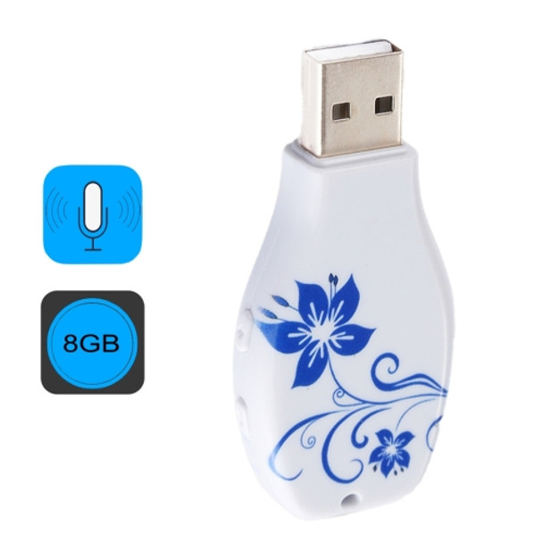 Simple Blue and White Porcelain Pattern Portable Audio Voice Recorder USB Drive, 8GB, Support Music Playback