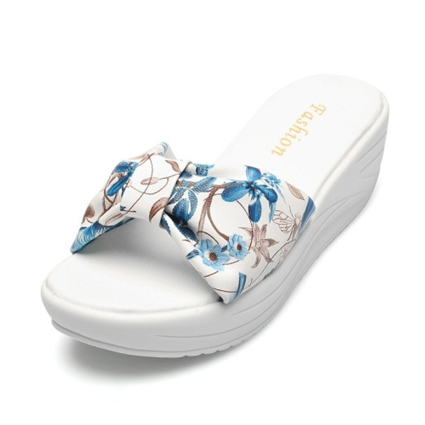 Bowknot Print Thick Bottom Increased Wedge Slippers Sandals for Women (Color:Blue Size:40)