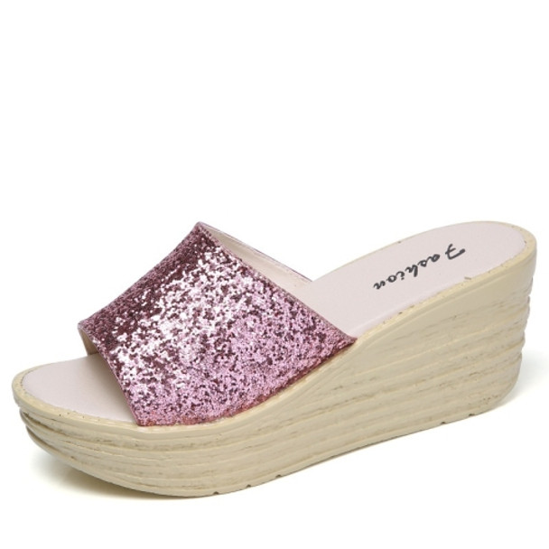 Sequined Wedge Thick Bottom Stylish Versatile Non-slip Wearable Slippers for Women (Color:Red Size:39)