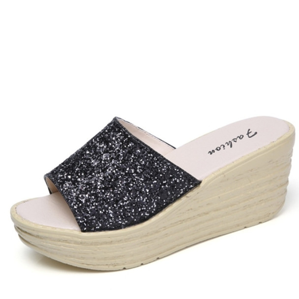 Sequined Wedge Thick Bottom Stylish Versatile Non-slip Wearable Slippers for Women (Color:Black Size:38)