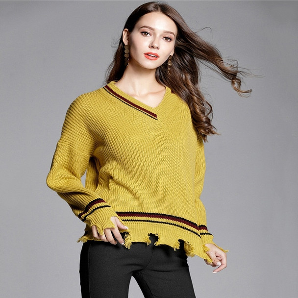 V-neck Pullover Stripe Irregular Loose Knit Sweater (Color:Yellow Size:S)