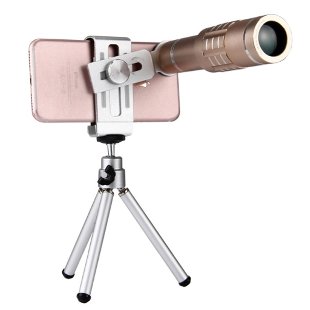 Universal 18X Magnification Lens Mobile Phone 3 in 1 Telescope + Tripod Mount + Mobile Phone Clip, For iPhone, Galaxy, Huawei, Xiaomi, LG, HTC and Other Smart Phones(Gold)