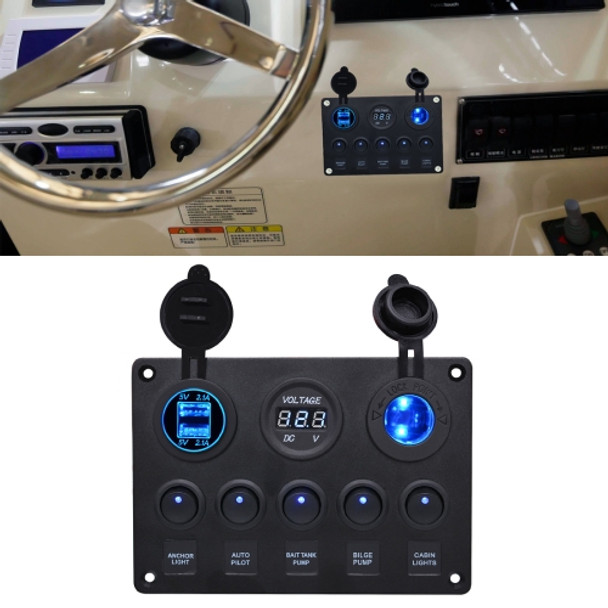 Multi-function Combination Switch Panel Voltmeter + Cigarette Lighter Socket + 5 Way Switches + Dual USB Charger  for Car RV Marine Boat(Blue Light)