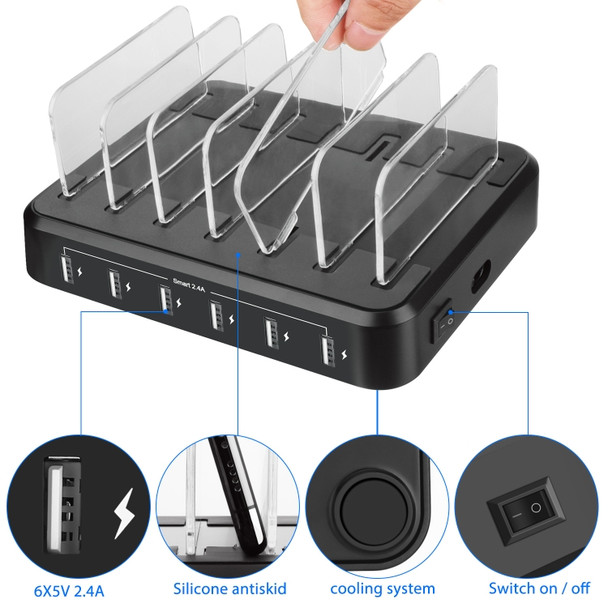 PW018 12A 6 USB Ports Smart Charger with Detachable Bracket, UK Plug(Black)