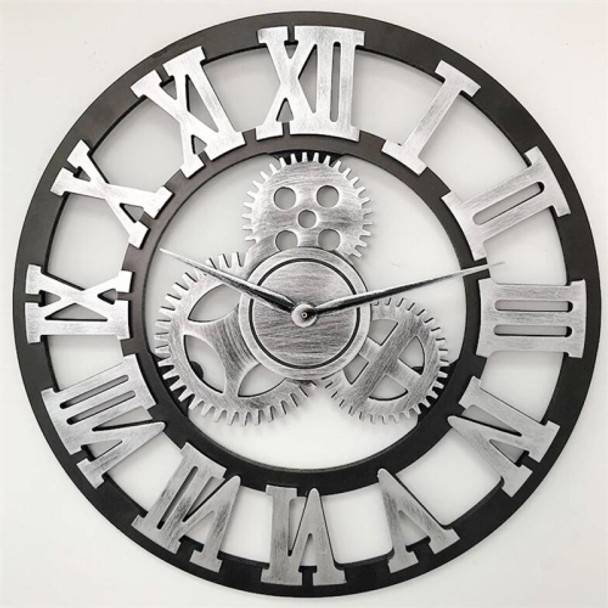 Retro Wooden Round Single-sided Gear Clock Rome Number Wall Clock, Diameter: 45cm (Silver)