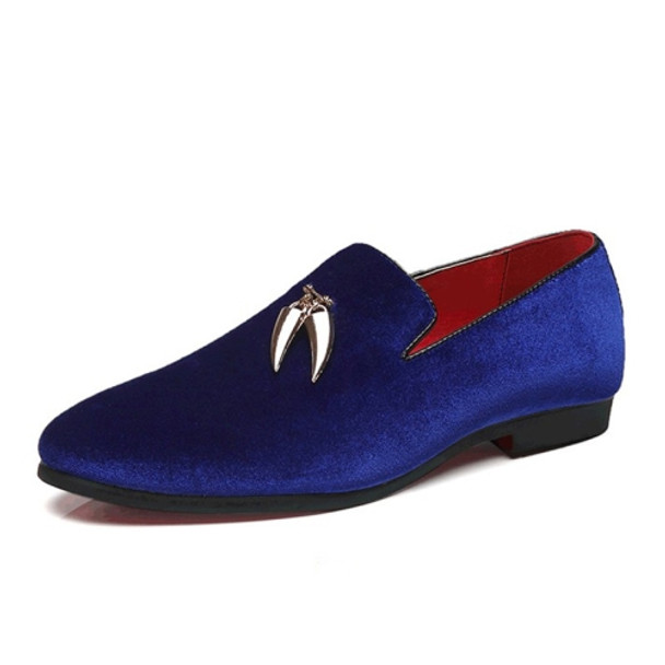 Casual Sickle Suede Men Shoes Flat Slip-on Pointed Toe Dress Shoes Loafer, Size:40(Blue)