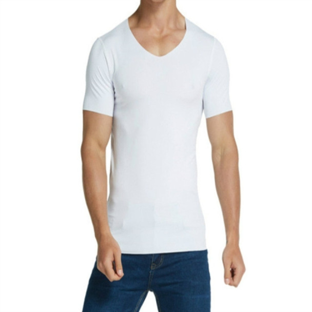 Men Ice Silk Quick Dry T-shirt Short Sleeve V Neck Solid Color Seamless Breathable Top(White)