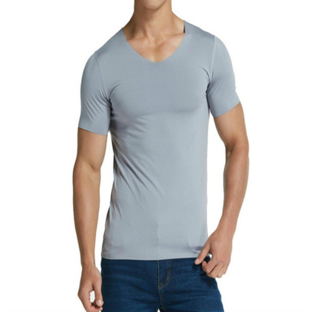 Men Ice Silk Quick Dry T-shirt Short Sleeve V Neck Solid Color Seamless Breathable Top(Grey)