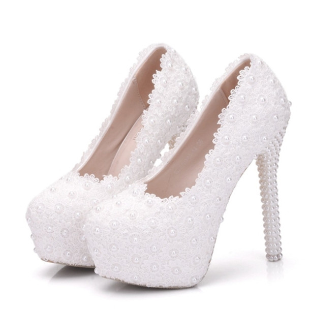 Pearl Lace Wedding Shoes Stiletto Women High Heels, Size:39(White)