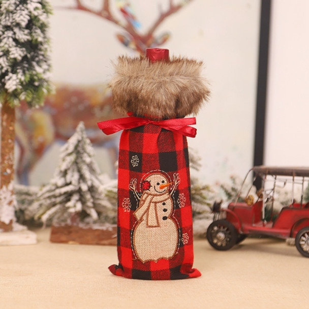 2 PCS Christmas Decorations Red And Black Gingham Machine Embroidered Fur Collar Wine Bag Champagne Sleeve(B395 Snowman)