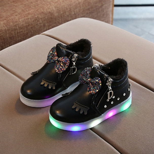 Kids Shoes Baby Infant Girls Eyelash Crystal Bowknot LED Luminous Boots Shoes Sneakers, Size:23(Black with Cotton)