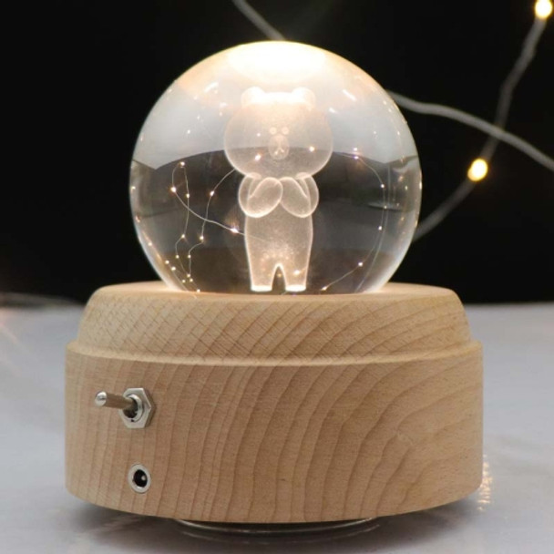 Girl Bedside Lamp Crystal Ball Wooden Base Music Box Charging Glow Rotating Night Light, Random Music(Bear)