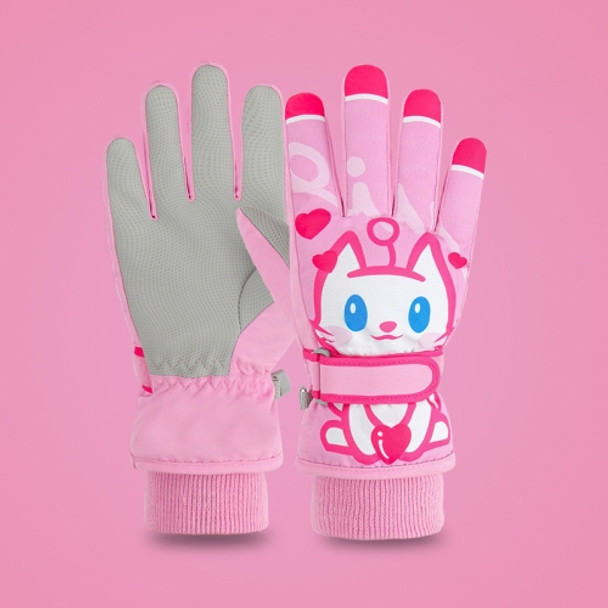 Cartoon Cat Pattern Girls Cute Cotton Gloves Children Ski Windproof and Warm Gloves Non-Slip and Waterproof Riding Gloves, Size: XS(Pink)