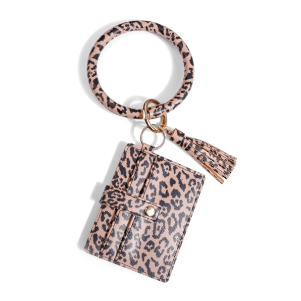 Wrist Ring PU Leather Card Case Key Chain Coin Purse(Coffee Leopard)