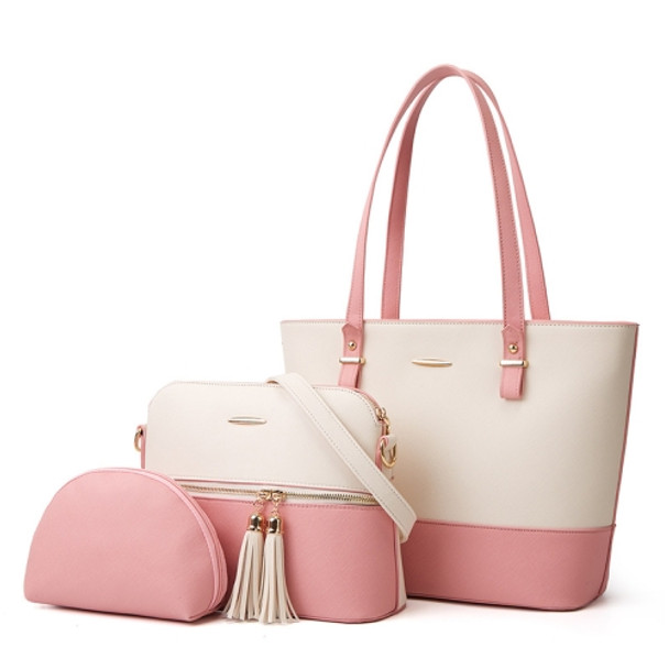 3 in 1 Fashion Simple Lady Diagonal Large Capacity Handbag Letter Bag(White + Pink)