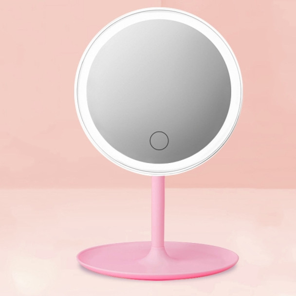 Make-Up Mirror With LED Light Fill Light Dormitory Desktop Dressing Small Mirror Girl Folding And Portable Mirror, Colour: Pink Rechargeable Three-color Light