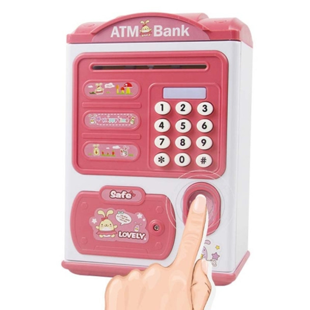 Simulation Password Fingerprint Sensor Unlocking Money Box Automatic Roll Money Safe ATM Piggy Bank(Pink)