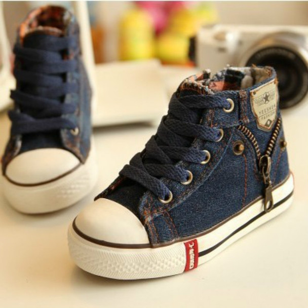 Denim Canvas Sports Breathable Children Flat Boots Shoes, Size:37(Dark Blue)