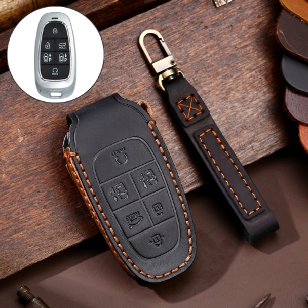 Hallmo Car Cowhide Leather Key Protective Cover Key Case for Hyundai 6-button (Black)