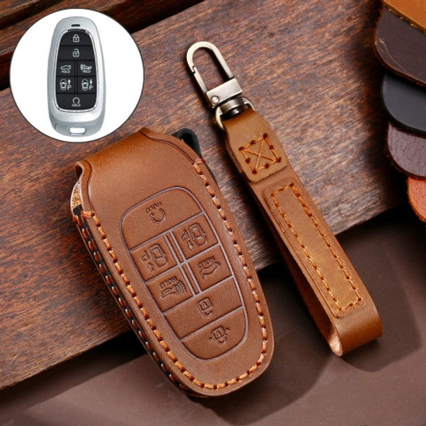Hallmo Car Cowhide Leather Key Protective Cover Key Case for Hyundai 7-button (Brown)