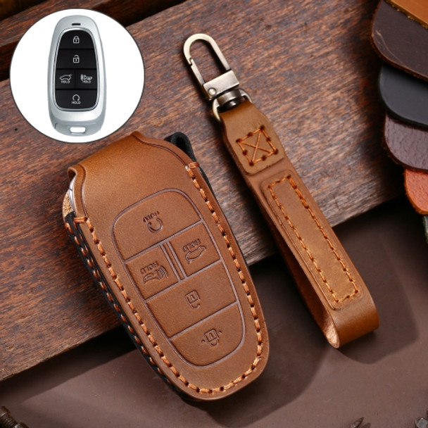 Hallmo Car Cowhide Leather Key Protective Cover Key Case for Hyundai 5-button (Brown)