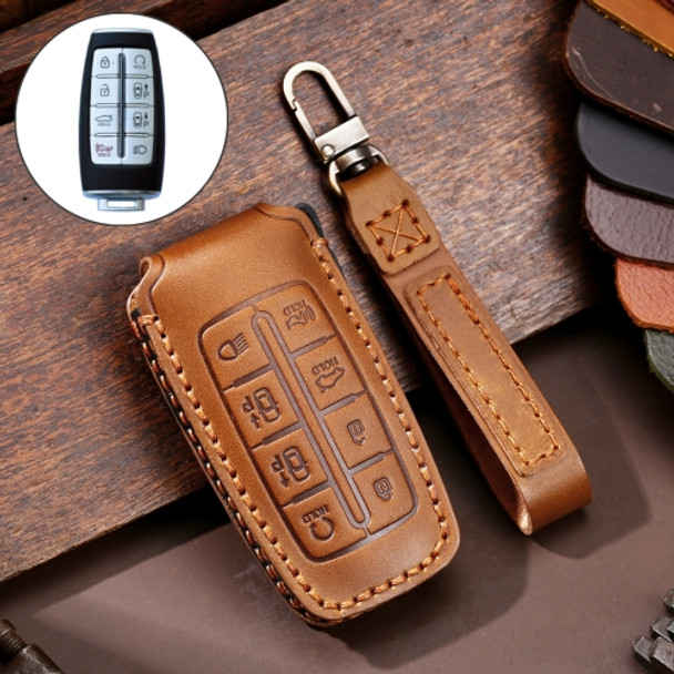 Hallmo Car Cowhide Leather Key Protective Cover Key Case for Hyundai Rohens Genesis 8-button(Brown)
