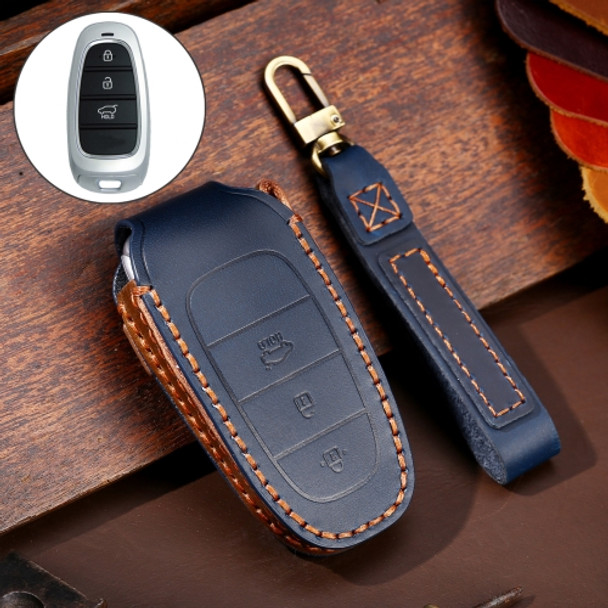 Hallmo Car Cowhide Leather Key Protective Cover Key Case for Hyundai 3-button (Blue)