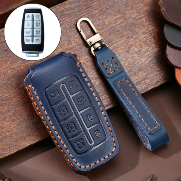 Hallmo Car Cowhide Leather Key Protective Cover Key Case for Hyundai Rohens Genesis 8-button(Blue)