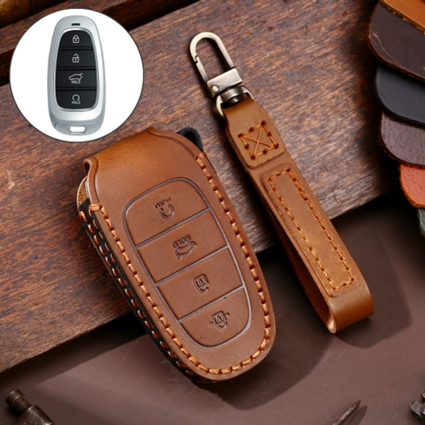 Hallmo Car Cowhide Leather Key Protective Cover Key Case for Hyundai 4-button Start (Brown)